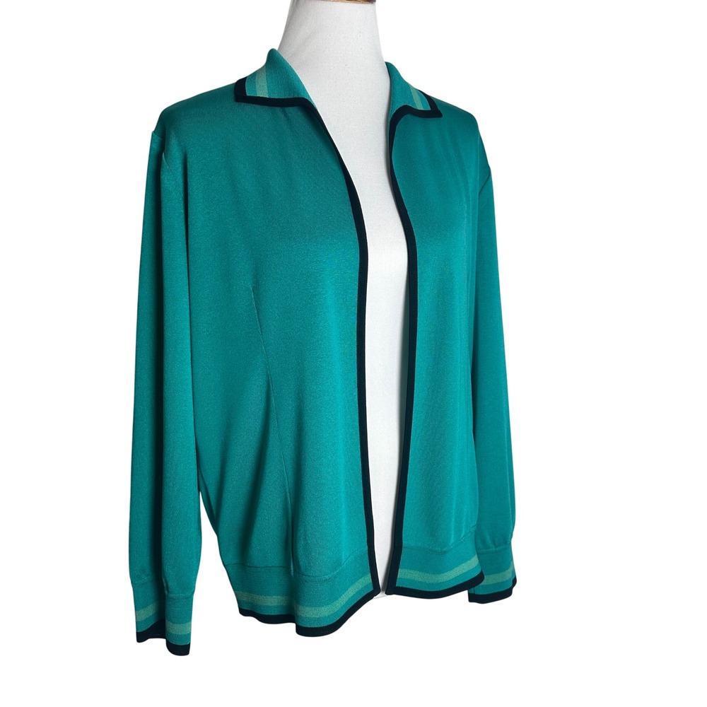 Exclusively Misook Teal Green Open Front Knit Cardigan Striped Trim Womens XL